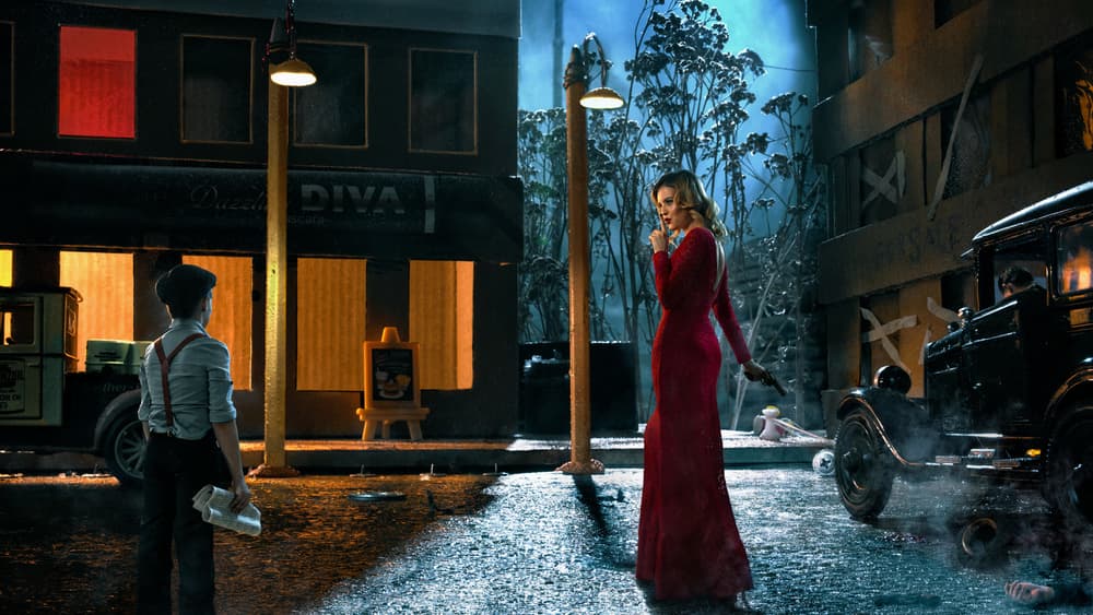 Red Dress Noir Scene by Sergey Parishkov — canvas wall art