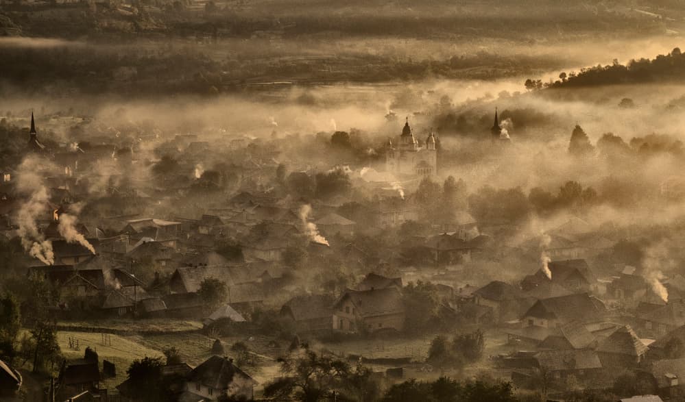 Misty Morning Village by Andrei Nicolas - The Traveler — canvas wall art