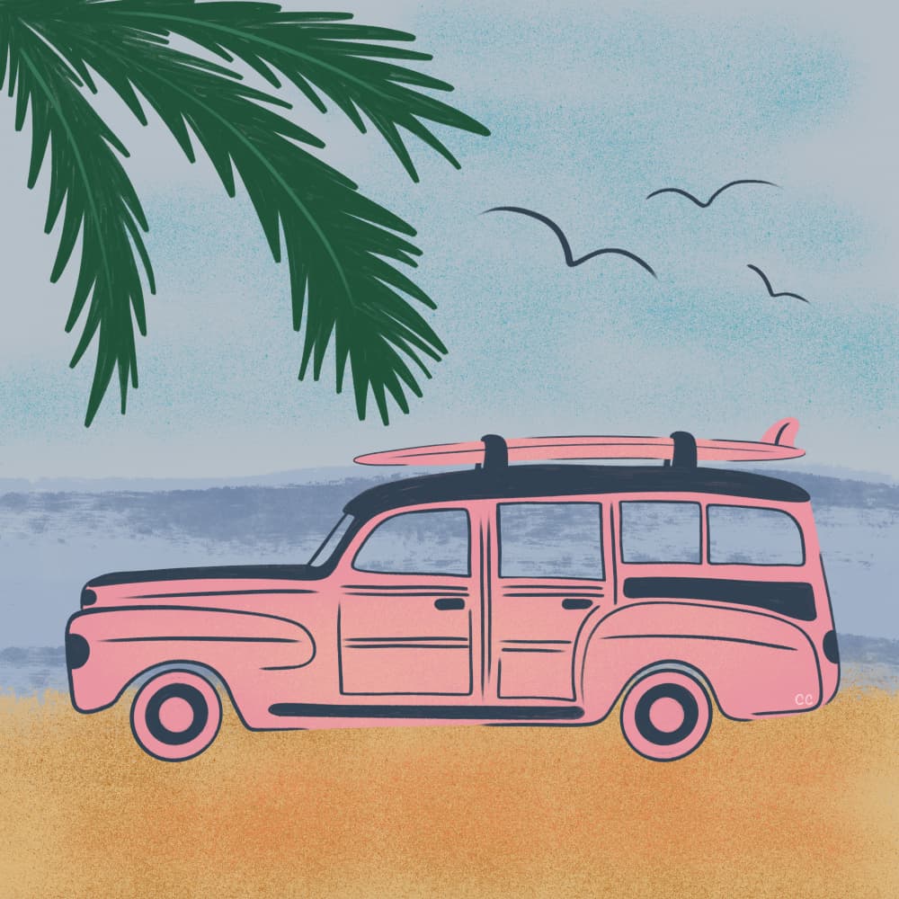 Pink Beach Surfer Car by Carrie Cantwell — canvas wall art