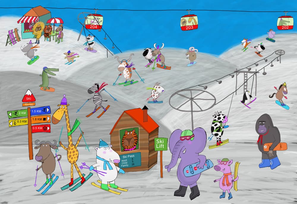 Happy Animals Skiing by Carla Daly — canvas wall art