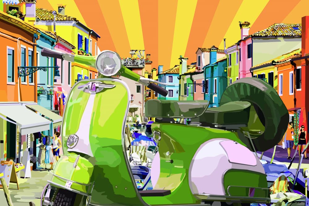 Green Scooter Colorful Street by Lynnda Rakos — canvas wall art