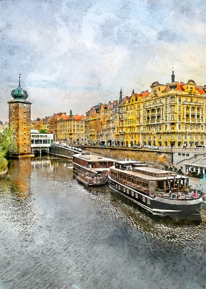 Historic Prague River Boats by Justyna Jaszke — canvas wall art