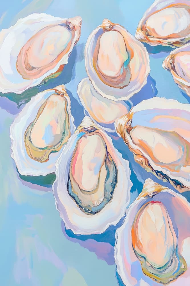 Pastel Oysters on Blue by Melloi Art Prints — canvas wall art