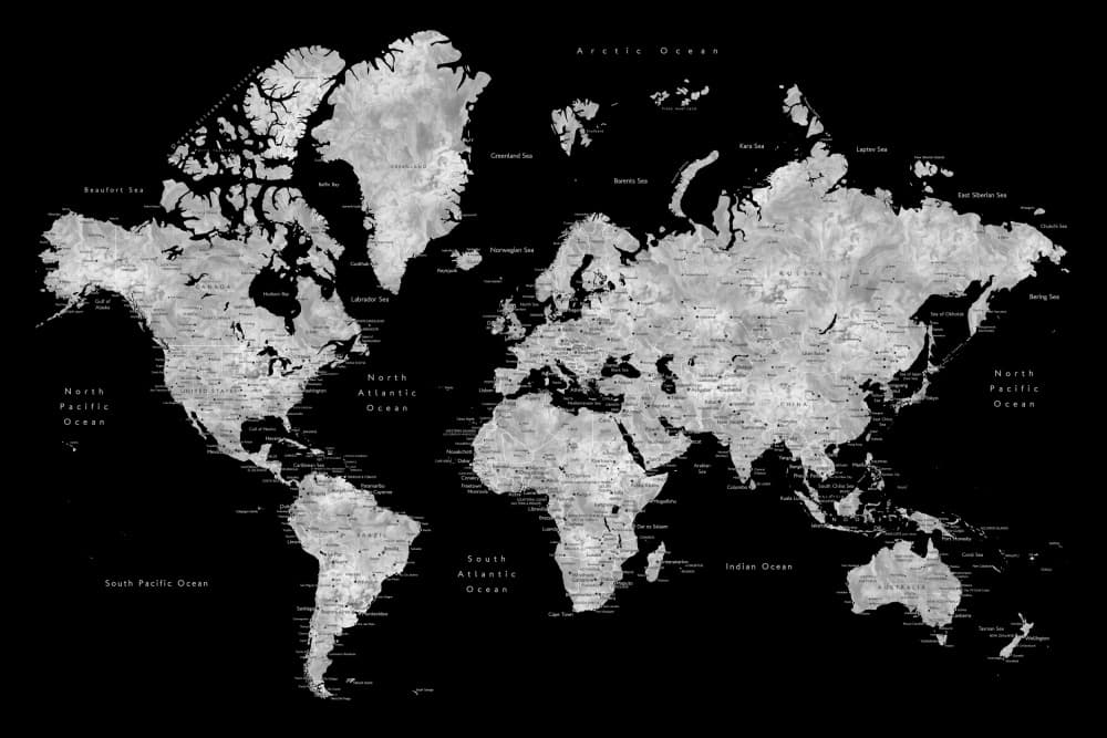 Monochrome World Map by Rosana Laiz Blursbyai — canvas wall art