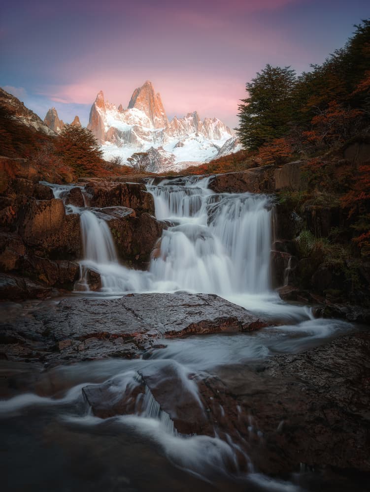 Pink Sky Patagonia Waterfall by Gu and Hongchao — canvas wall art