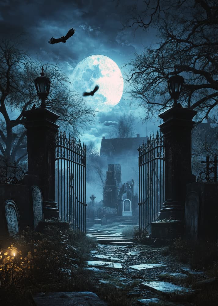 Moonlit Cemetery Gates by Justyna Jaszke — canvas wall art