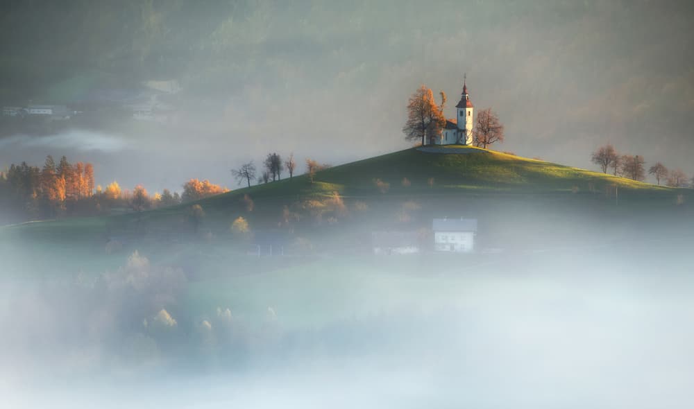 Church in Golden Morning Fog by Ales Krivec — canvas wall art