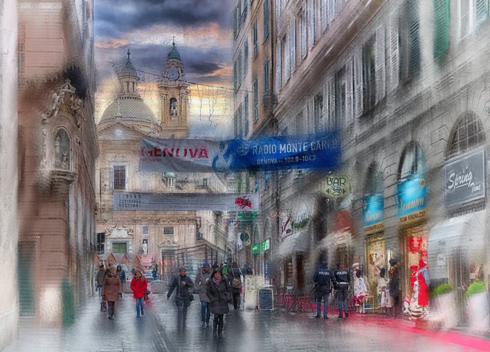 Bustling Genova Street by C.S. Tjandra — canvas wall art