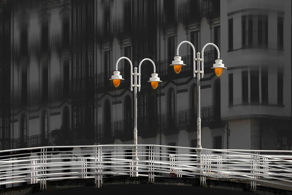 Orange Lampposts Bridge by Hans-Wolfgang Hawerkamp — canvas wall art