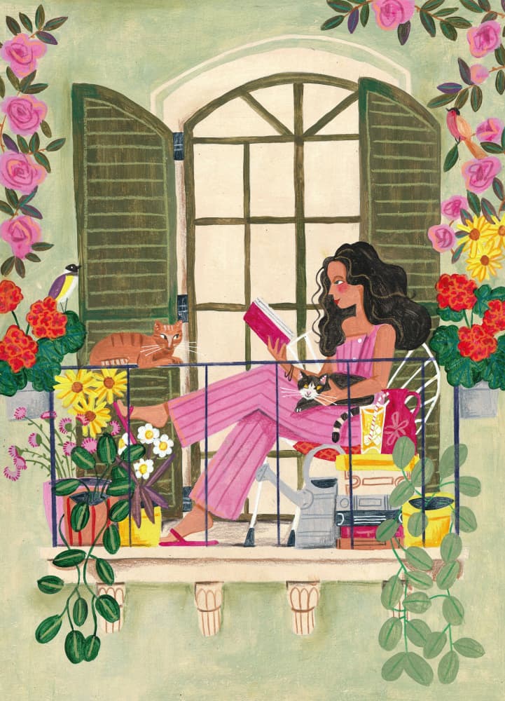 Woman reads on balcony by Caroline Bonne Müller — canvas wall art