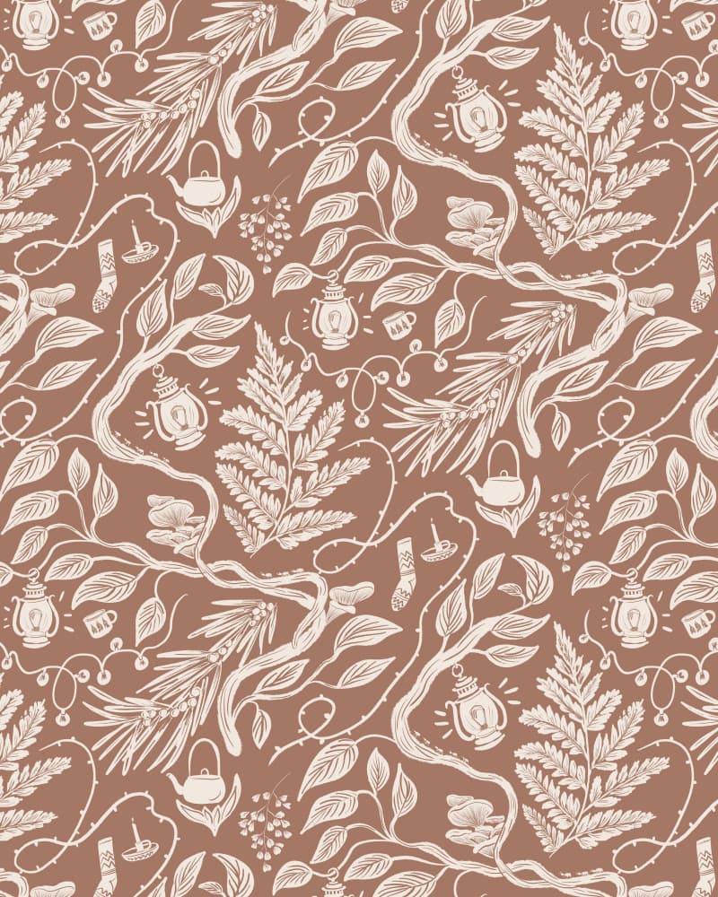 Cabincore Scene Pattern - Mocha Mousse by Anis Illustration — canvas wall art