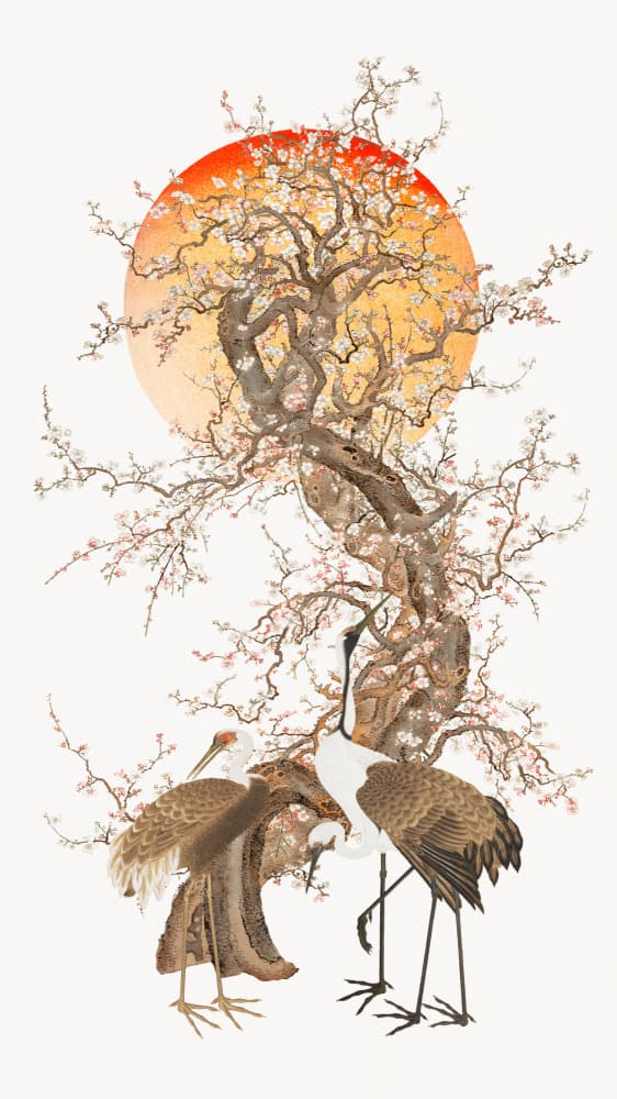 Plum Blossoms and Cranes by Marja van den Hurk — canvas wall art