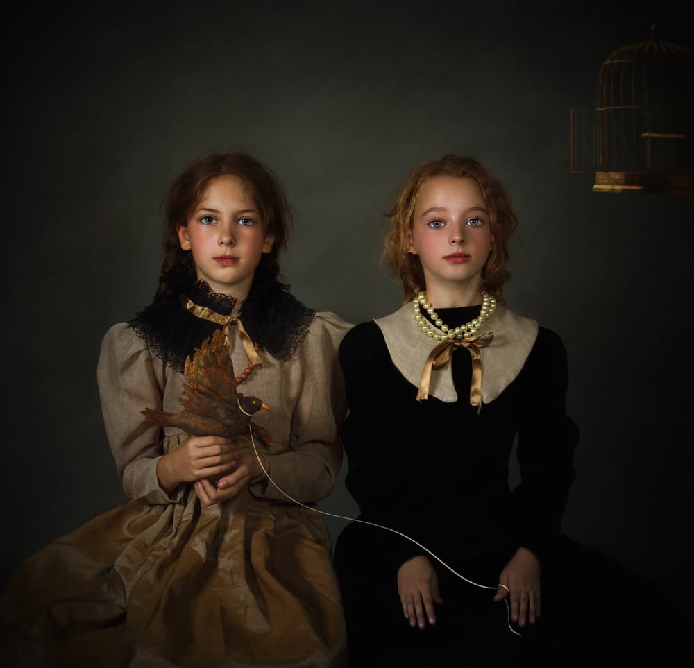 Wistful Girls and Bird by Svetlana Melik-Nubarova — canvas wall art