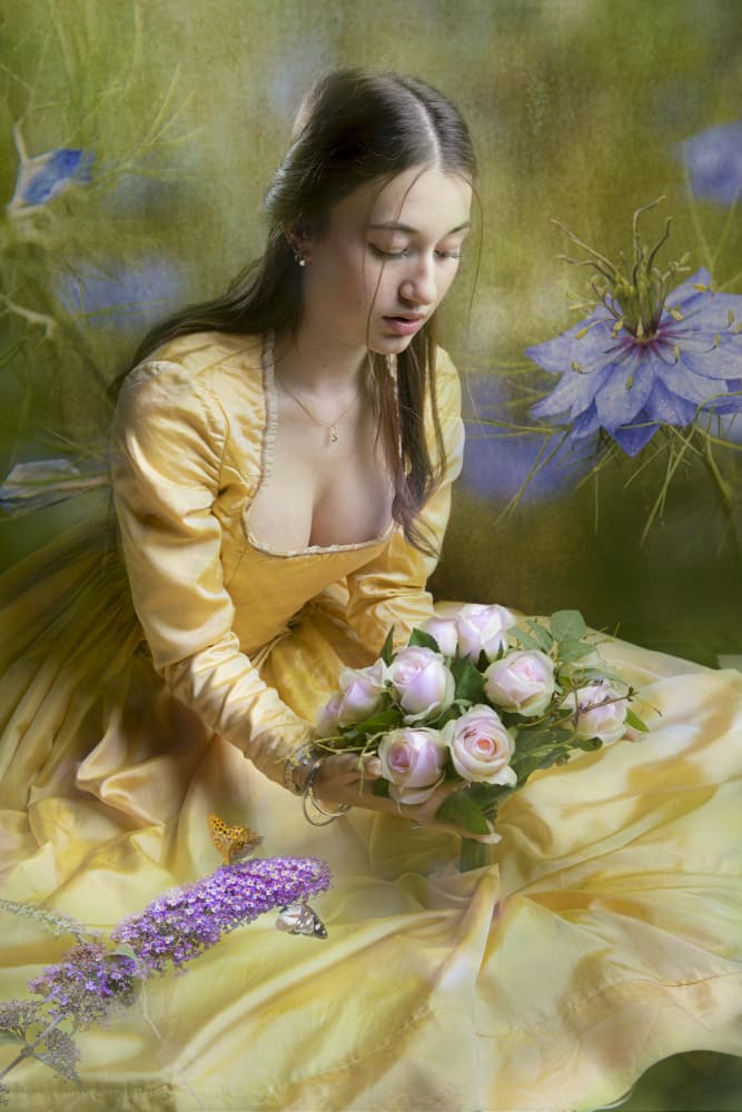 Wistful Girl With Roses by Martine Benezech — canvas wall art
