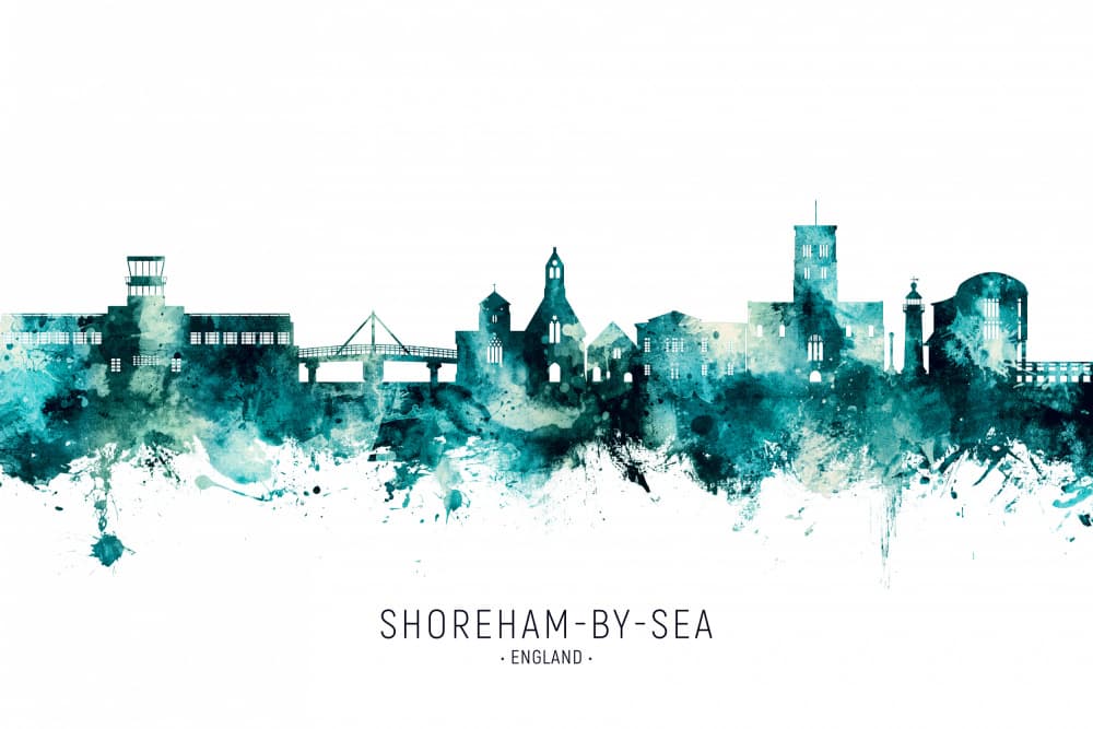 Shoreham-by-Sea Skyline Watercolor by Michael Tompsett — canvas wall art