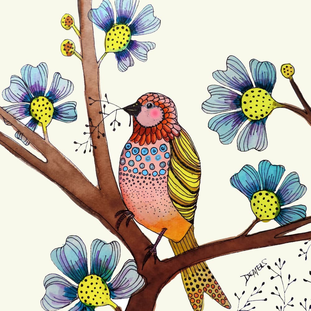 Colorful Bird and Blooms by Sylvie Demers — canvas wall art