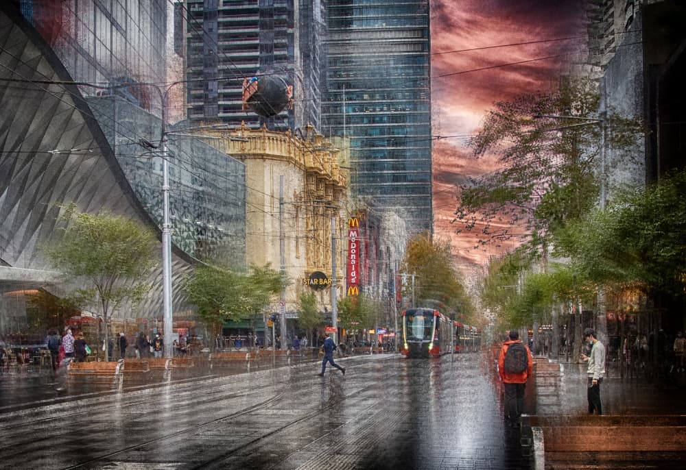 Rainy City Under Red Sky by C.S. Tjandra — canvas wall art