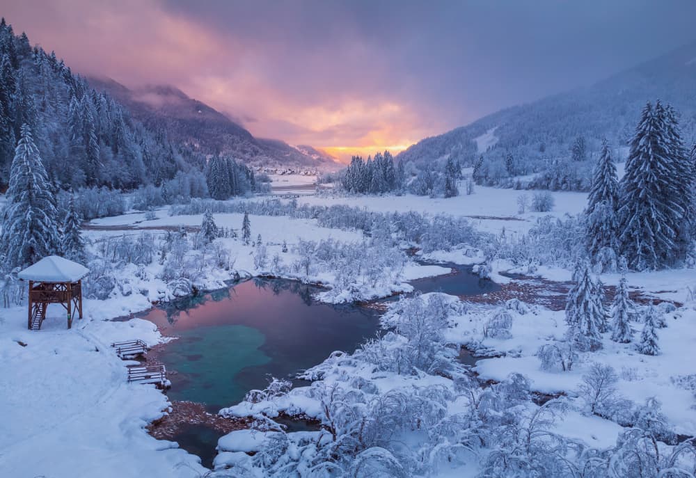 Pink Dawn Mountain Landscape by Ales Komovec — canvas wall art