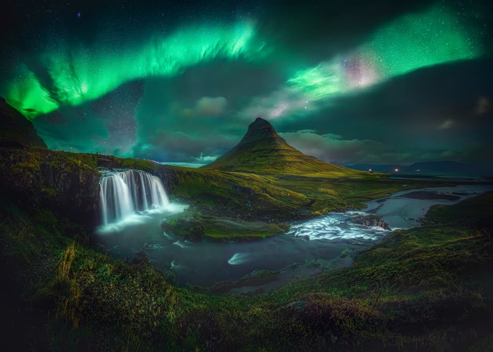 Aurora Over Kirkjufell Falls by Yuan Cui — canvas wall art