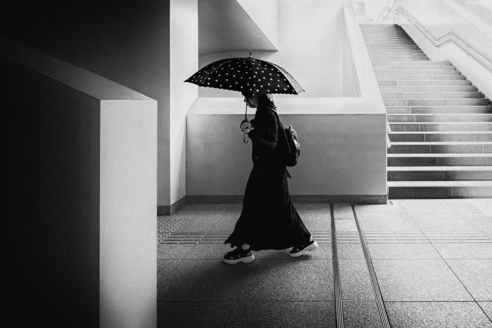 Monochrome Umbrella Stroll by Eiji Yamamoto — canvas wall art