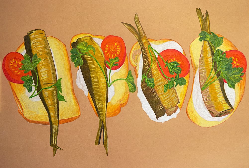 Golden Sprat Sandwiches by Viktoriia Saunina — canvas wall art