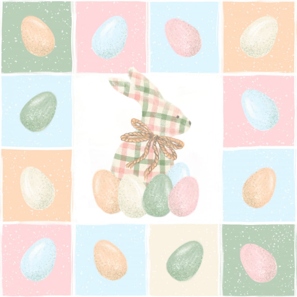 Plaid Bunny Pastel Eggs by Olena Kovalova — canvas wall art