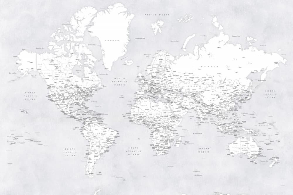 Modern Grayscale World Map by Rosana Laiz Blursbyai — canvas wall art