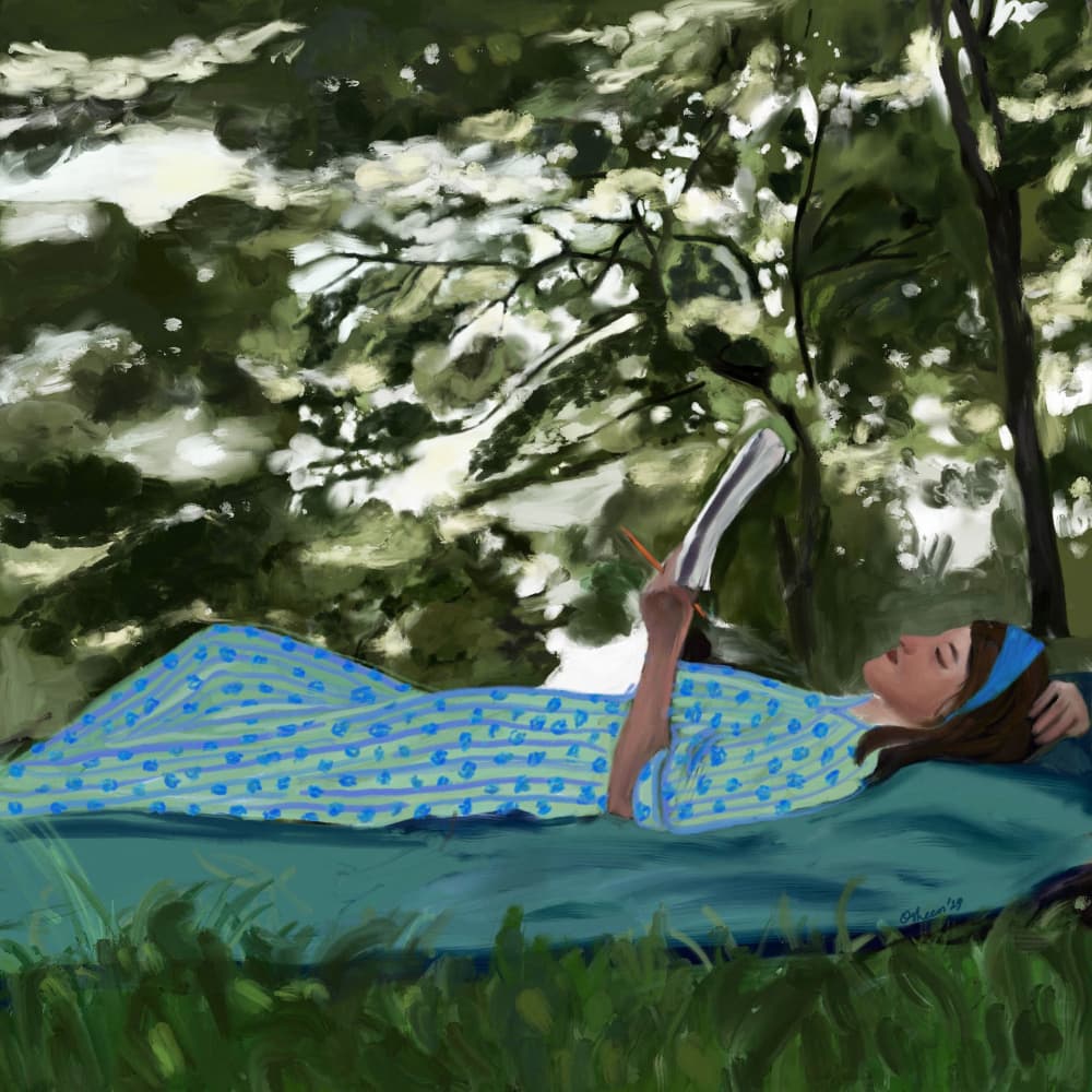 Woman Reading Outdoors by Osheensgallery — canvas wall art