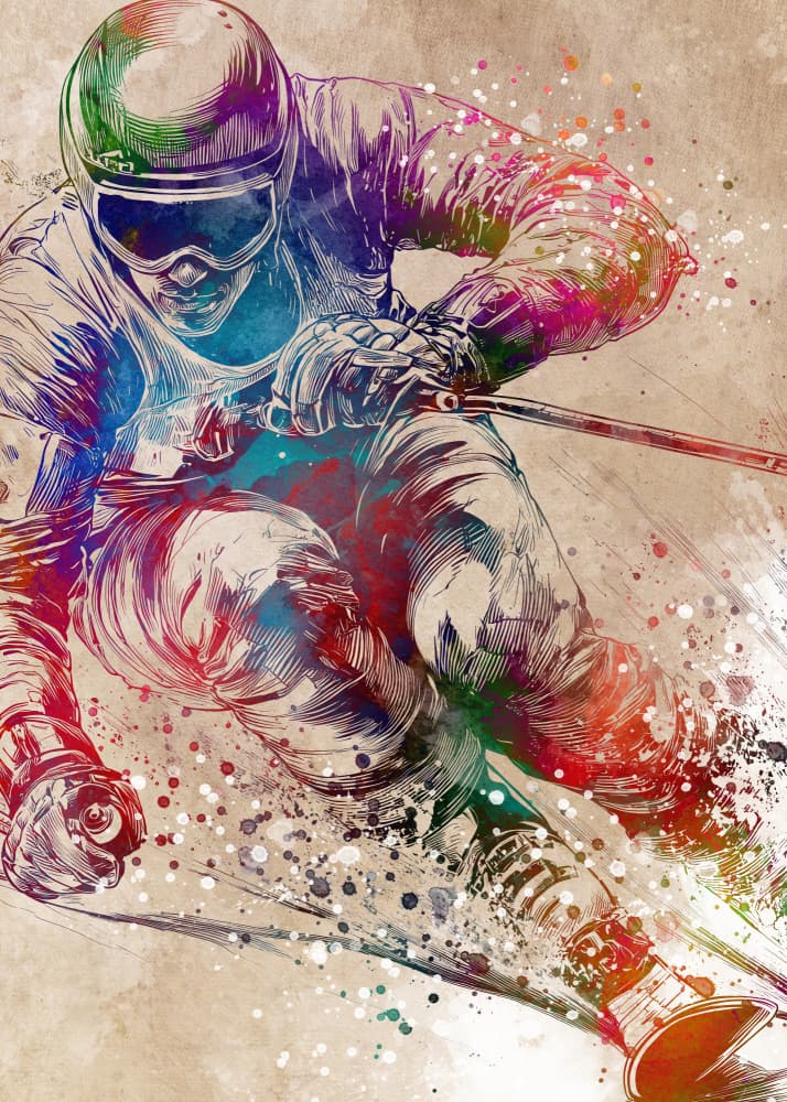 Vibrant Watercolor Skier by Justyna Jaszke — canvas wall art