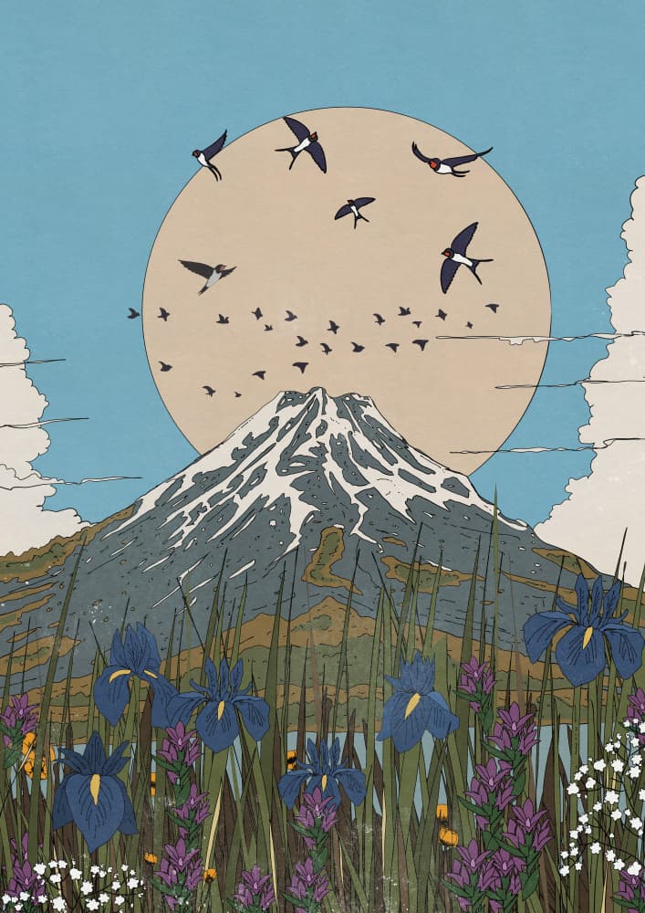 Mount Fuji Swallows Irises by Nicholas — canvas wall art
