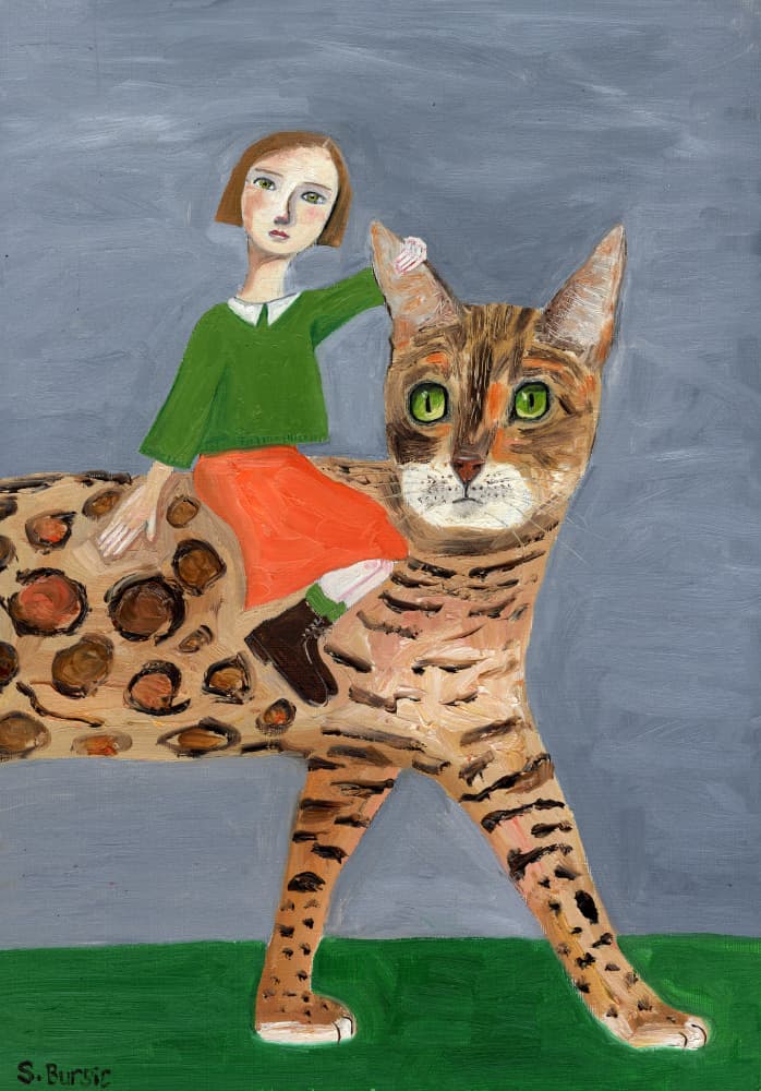 Girl Riding Giant Cat by Sharyn Bursic — canvas wall art