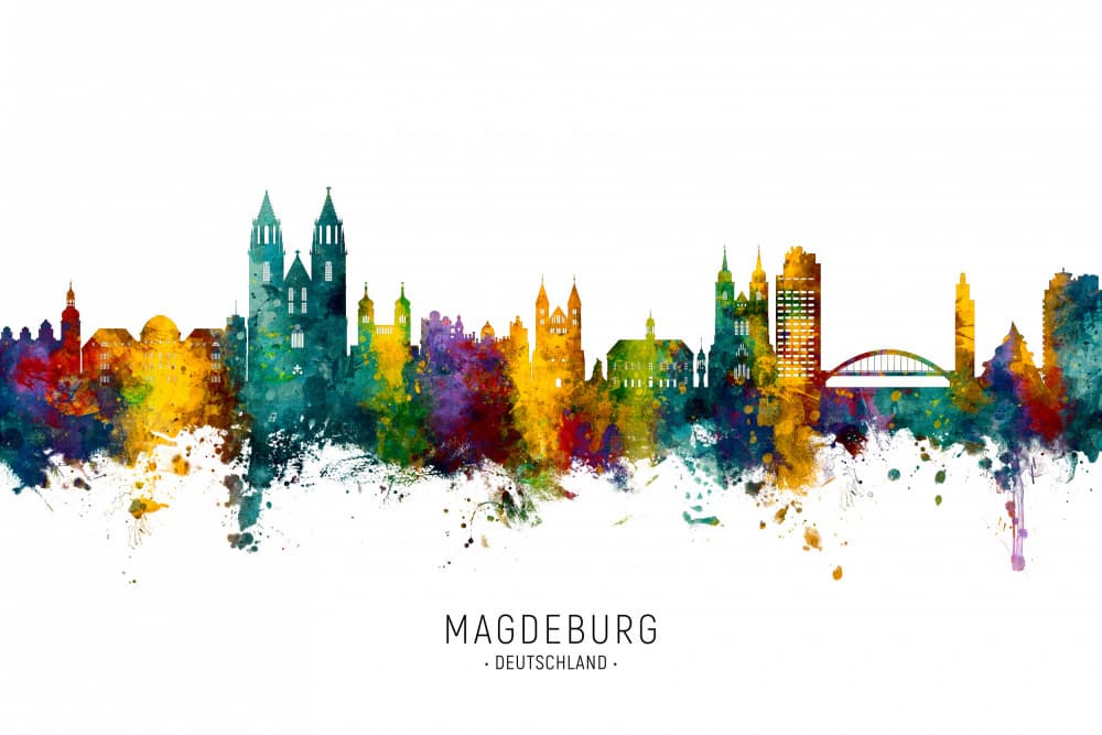 Magdeburg Watercolor Skyline by Michael Tompsett — canvas wall art