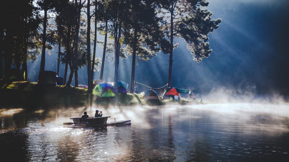Misty Morning Lake Camping by Woraphon Banchobdi — canvas wall art