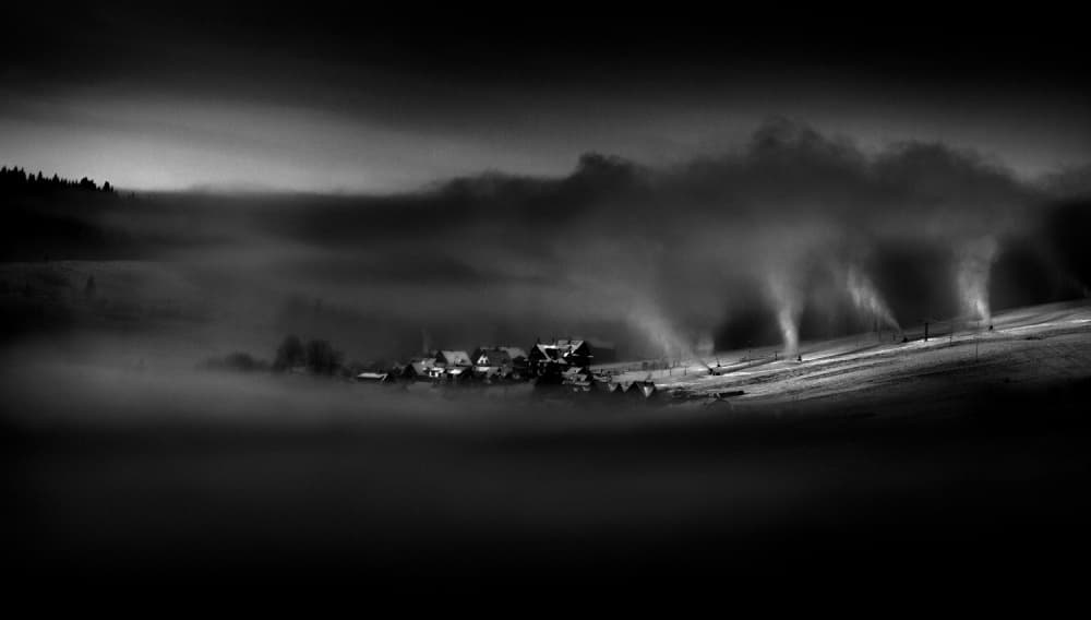 Misty Village Snow Making by Peter Svoboda MQEP — canvas wall art
