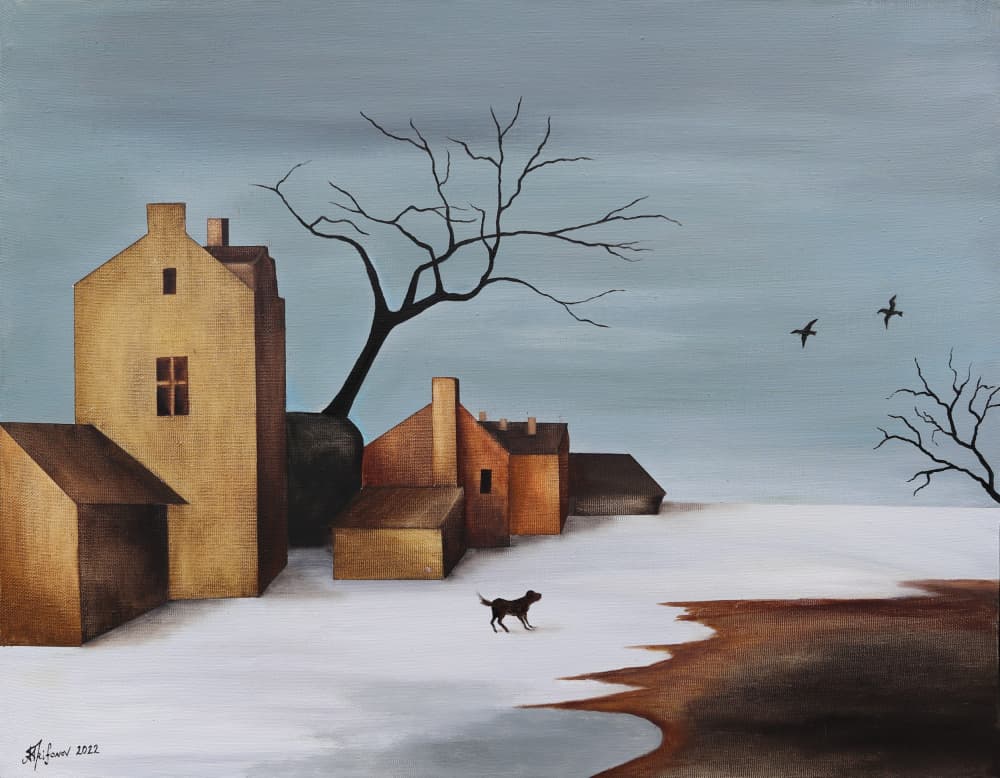 Dog in Snowy Village by Alexander Trifonov — canvas wall art