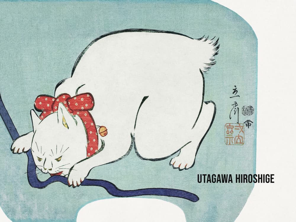 Japanese White Cat (1863) Vintage Woodblock Print by Utagawa Hiroshige — canvas wall art