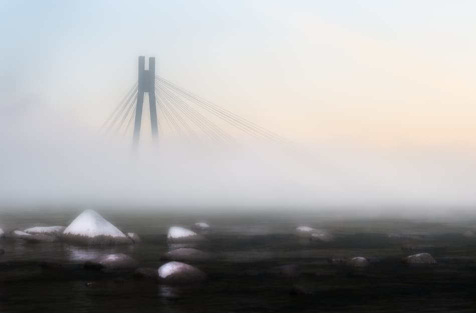 Misty Bridge Serene by paralaxa — canvas wall art