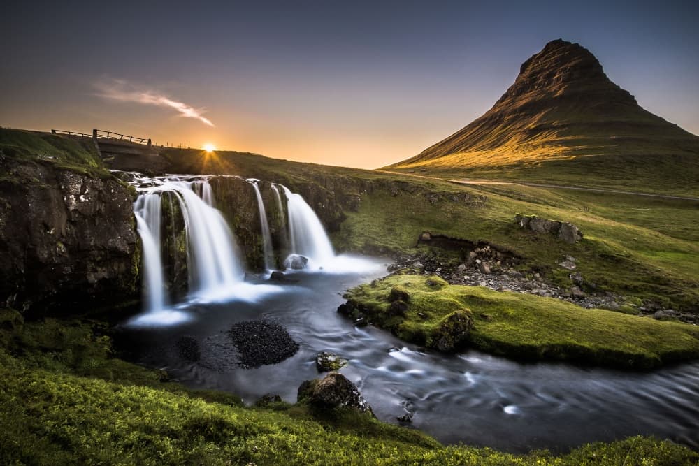 Kirkjufell Mountain Waterfall Sunset by Andreas Wonisch — canvas wall art