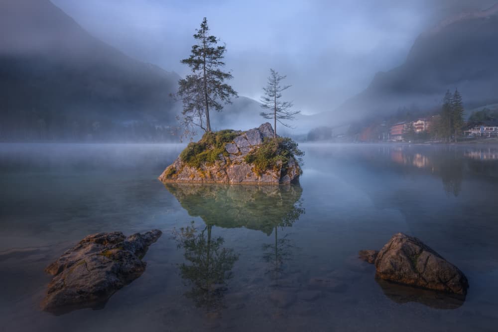 Misty Island Morning by Jianping Yang — canvas wall art