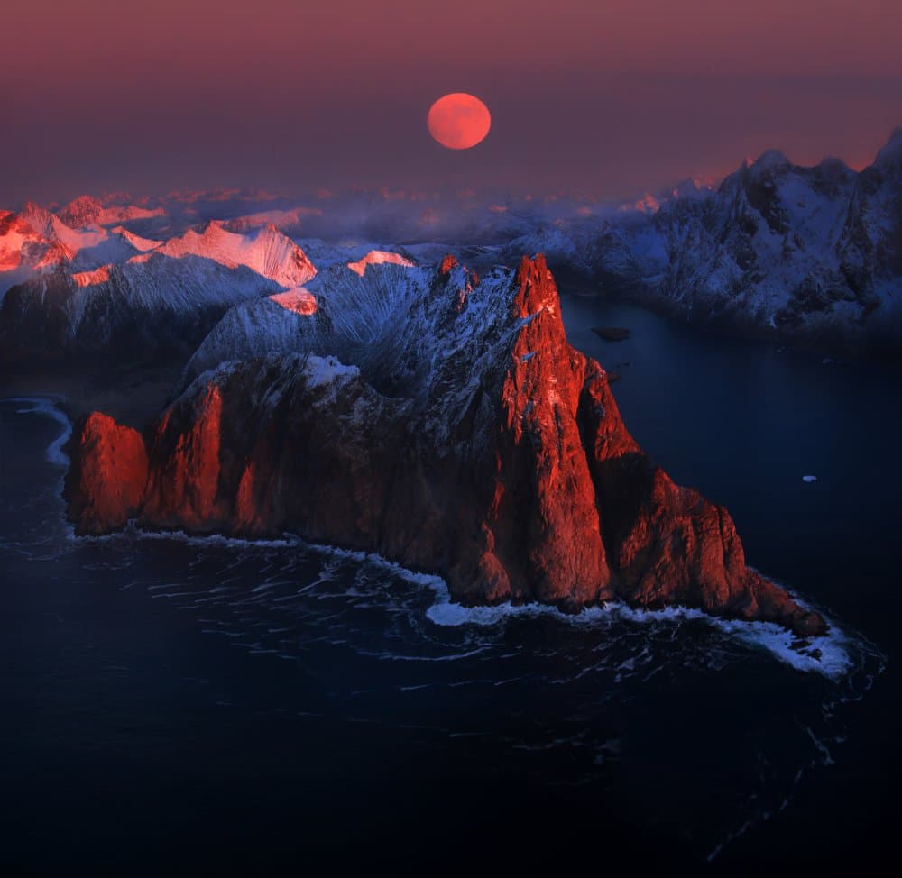 Red Moon Mountain Fjord by Siarhei Mikhaliuk * — canvas wall art