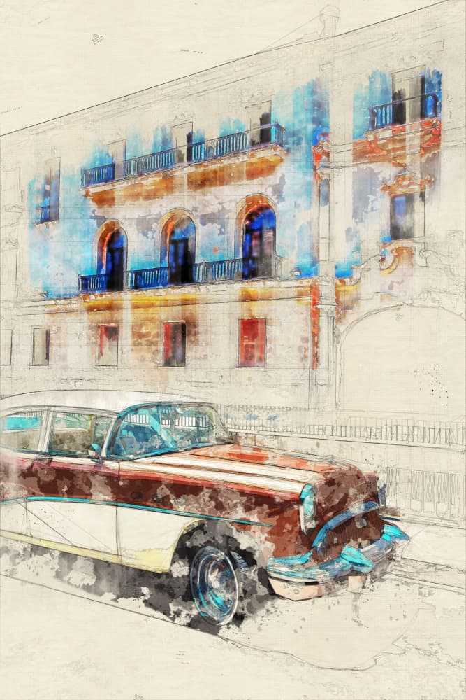 Havana Classic Car Sketch by Lembayung senja studio [Vintage Poster] — canvas wall art