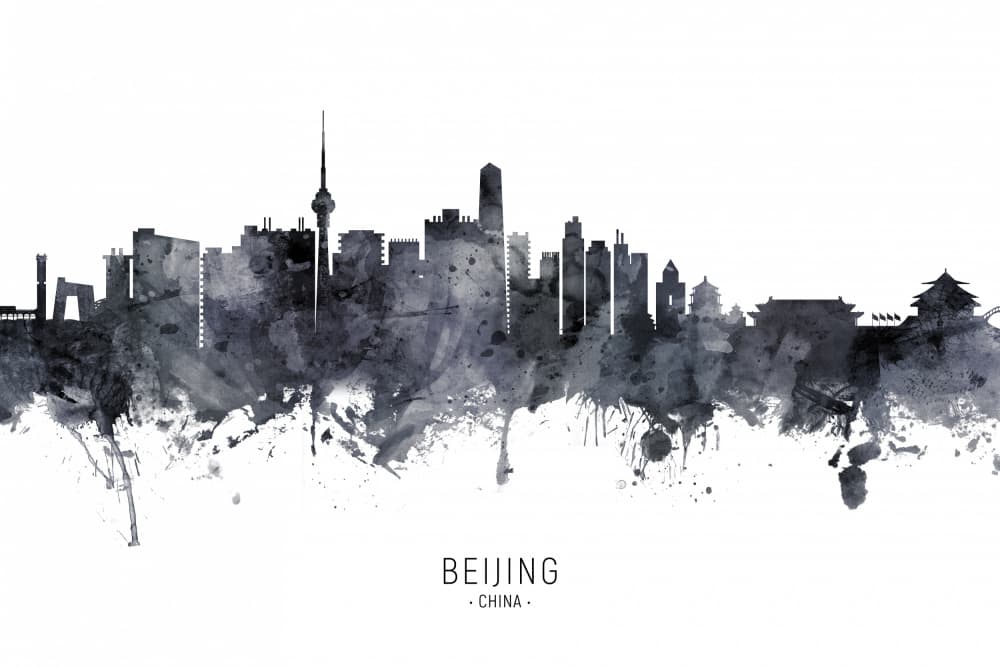 Beijing Skyline Watercolor by Michael Tompsett — canvas wall art