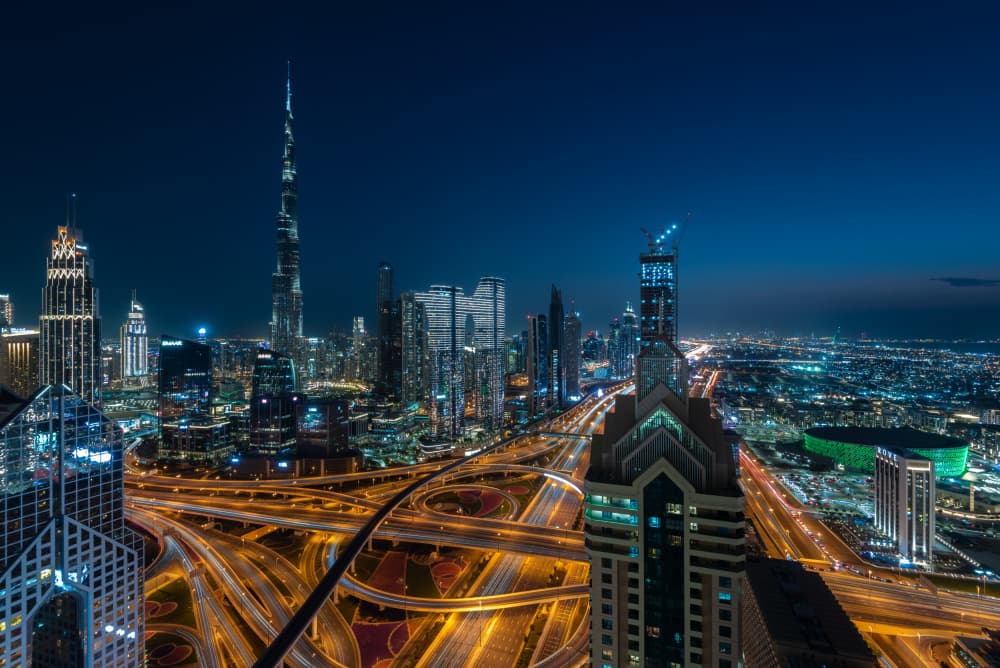 Dubai Night Skyline by Mrinal Nath — canvas wall art