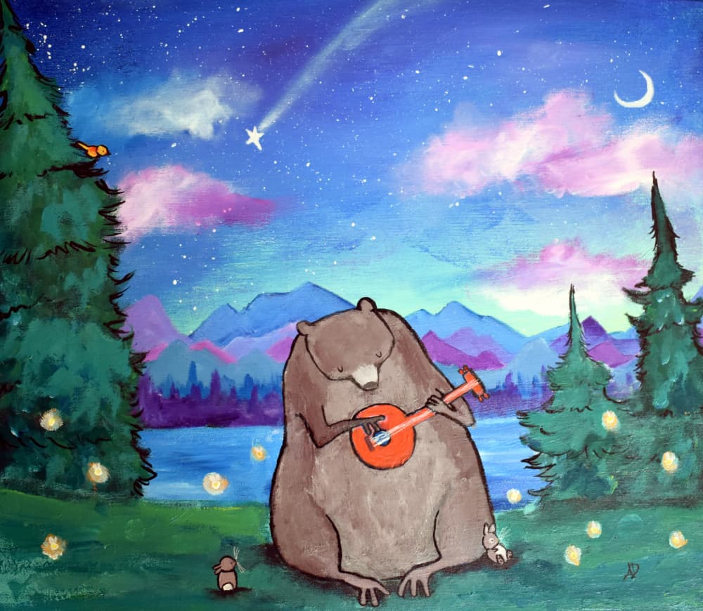 Starry Night Bear Banjo by Andrea Doss — canvas wall art