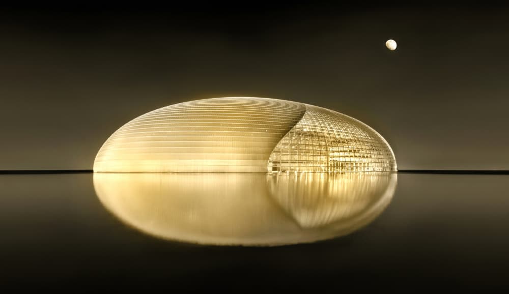 Golden Building Night Reflection by Catherine Wang — canvas wall art