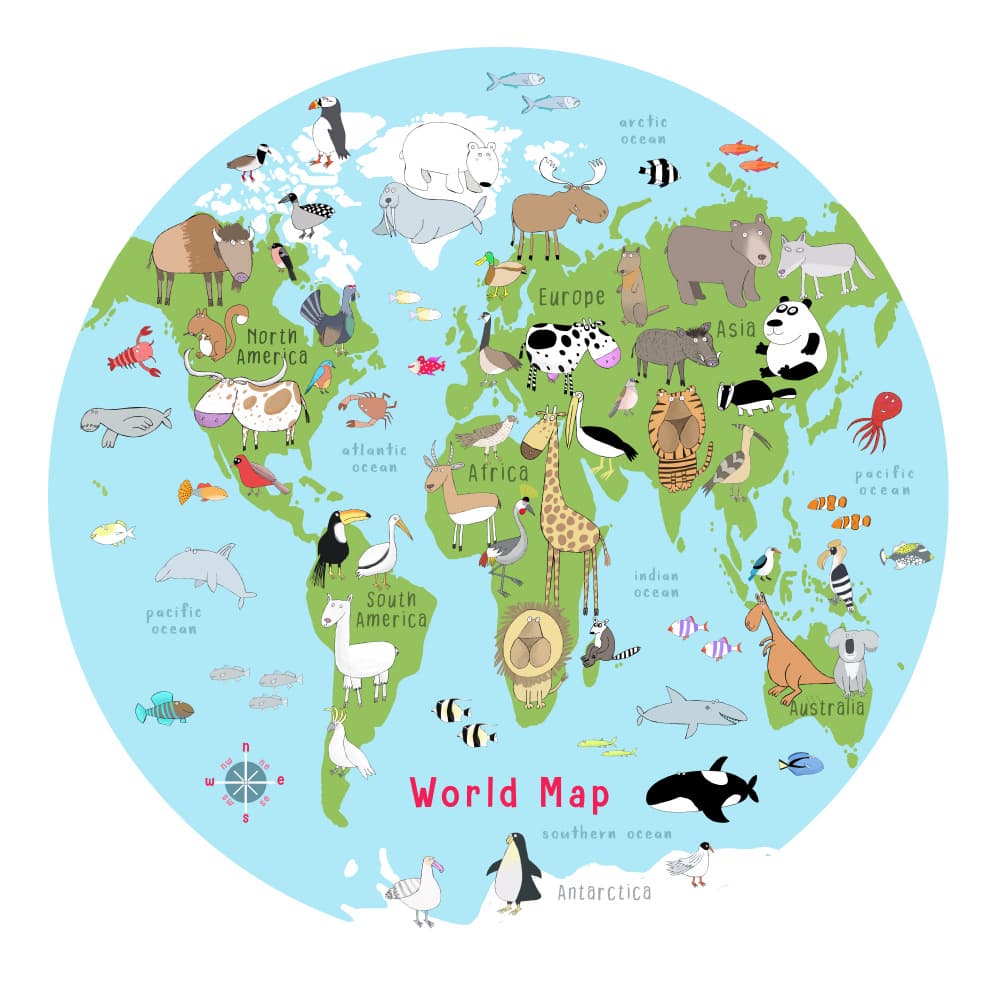 Colorful World Map Animals by Carla Daly — canvas wall art