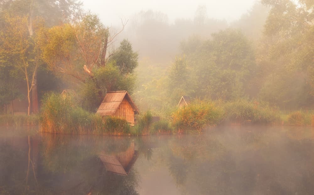 Misty Lakeside Cabin by Leicher Oliver — canvas wall art