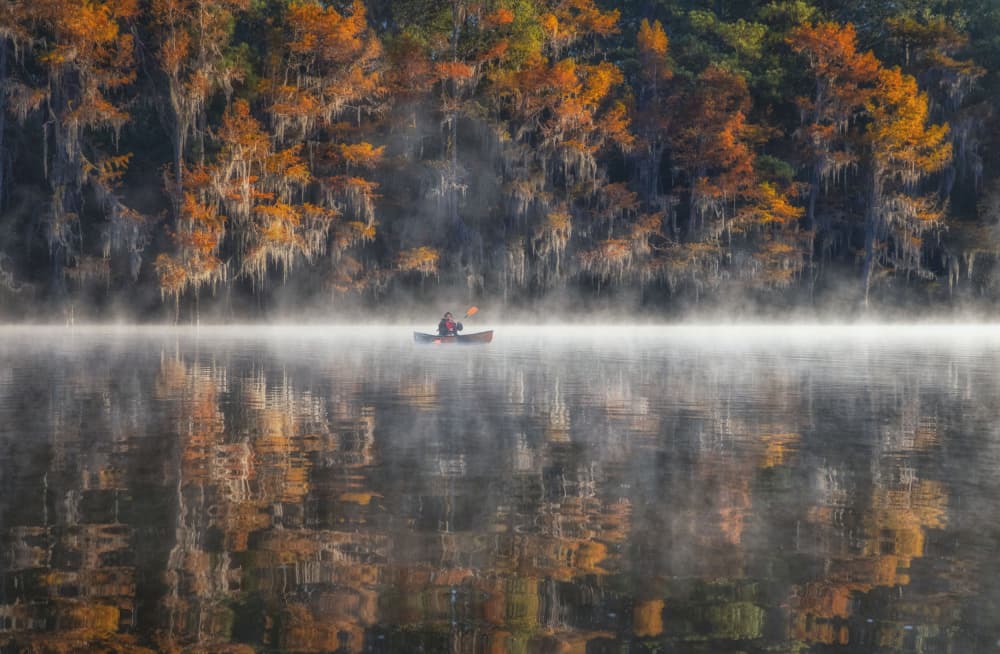 Kayaker Misty Autumn Lake by Dianne Mao — canvas wall art