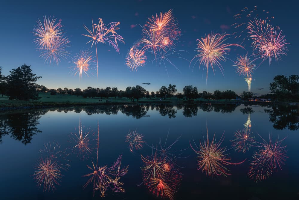 Night Fireworks Reflection by Mei Xu — canvas wall art