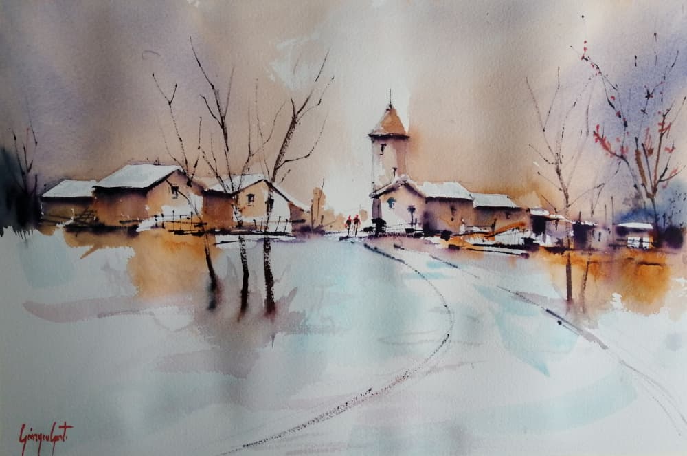Snowy Village Church by Giorgio Gosti — canvas wall art